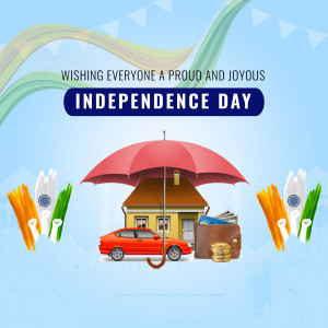Independence Day graphic with house, car, money, and umbrella representing security and prosperity.