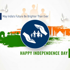 Independence Day greeting with hands protecting a family silhouette against an Indian landmark backdrop.