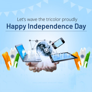 Independence Day greeting with digital devices and Indian flag