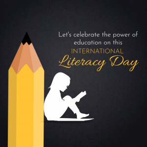 Illustration of a pencil and a child reading a book for International Literacy Day