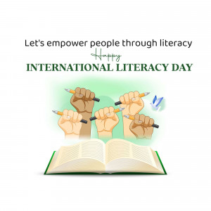 Image depicting hands holding pencils over an open book with the text 'International Literacy Day'