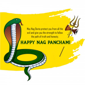 Illustration of a cobra with a trident and bell, with text 'Happy Nag Panchami'