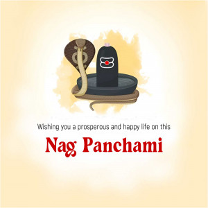 Illustration of a cobra coiled around a Shivling with text 'Nag Panchami'