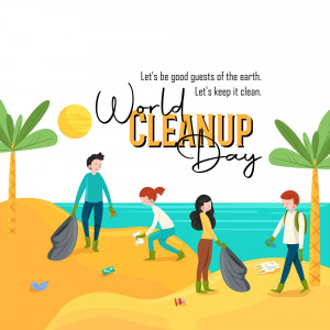 Illustration of people cleaning up a beach for World Cleanup Day