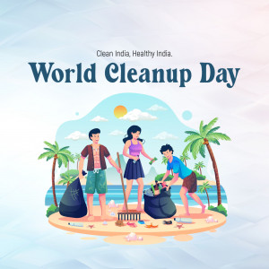 Illustration of a family cleaning up a beach for World Cleanup Day
