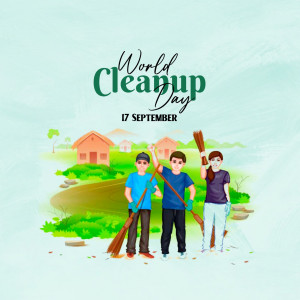 Illustration of children cleaning up with brooms in front of a village scene for World Cleanup Day.