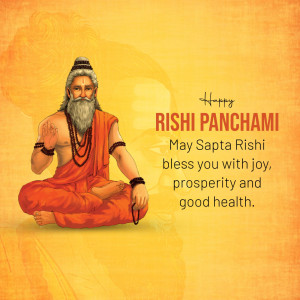 Illustration of a Rishi (sage) in a meditative pose with text 'Happy Rishi Panchami'