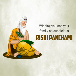 Illustration of a Rishi with text 'Wishing you and your family an auspicious Rishi Panchami'