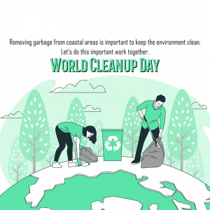 Illustration of people cleaning up garbage on a globe for World Cleanup Day
