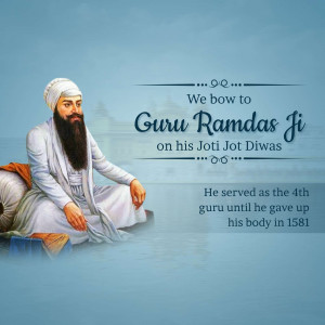 Portrait of Guru Ramdas Ji with text commemorating his Jot Jot Diwas