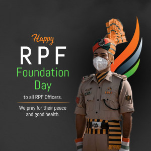 RPF Officer in uniform with Indian flag colors and text 'Happy RPF Foundation Day'