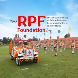 Image depicting RPF Foundation Day celebration with a parade and officers in an open jeep.