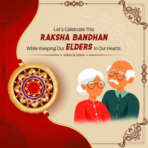 Raksha Bandhan greeting card featuring an elderly couple and a Rakhi.