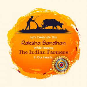 Raksha Bandhan greeting with a silhouette of a farmer plowing a field.