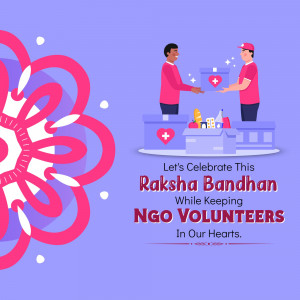 Illustration of delivery volunteers exchanging gifts with a Raksha Bandhan theme.