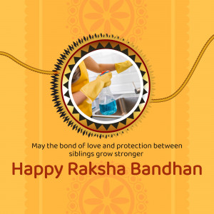 Raksha Bandhan greeting with a person cleaning and a message about sibling bonds.