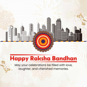 Raksha Bandhan greeting with a city skyline and a decorative circle.