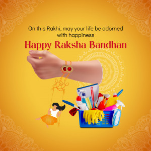 Raksha Bandhan greeting with a whimsical illustration of a sister and cleaning supplies.