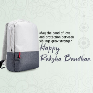 A gray and white backpack with a Raksha Bandhan greeting.