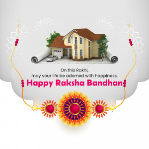 Raksha Bandhan greeting with a house illustration and Rakhi decoration