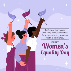 Illustration of diverse women raising flags with the female symbol, celebrating Women's Equality Day.