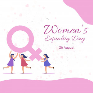 Illustration of women celebrating Women's Equality Day with a female symbol.
