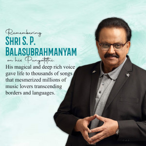 Portrait of SP Balasubrahmanyam with text commemorating his Punyathithi