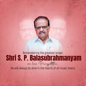 Portrait of S. P. Balasubrahmanyam with text commemorating his memory