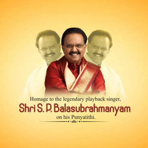 Portrait of S. P. Balasubrahmanyam with text commemorating his Punyathi