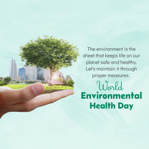 A hand holding a miniature landscape with a tree, buildings, and a park, symbolizing environmental health.
