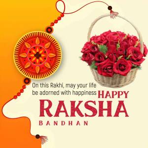 Raksha Bandhan greeting with a Rakhi and a basket of red roses