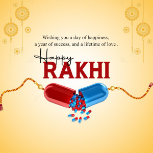 Raksha Bandhan greeting with a capsule-shaped Rakhi