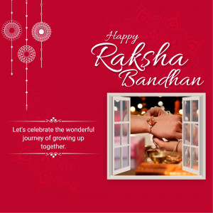 Raksha Bandhan greeting with a window view of a rakhi tying ceremony.