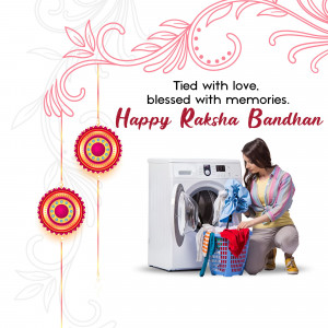 Raksha Bandhan promotion featuring a woman doing laundry with a washing machine and decorative elements.