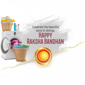Raksha Bandhan promotional image featuring a washing machine, laundry baskets, and Rakhi decorations.