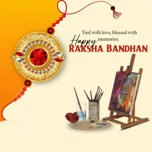 Raksha Bandhan greeting with a decorative Rakhi and art supplies