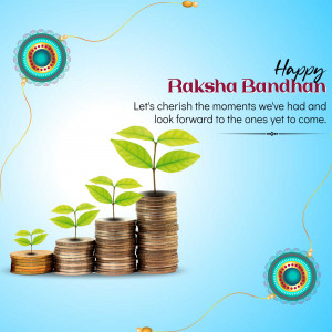Raksha Bandhan greeting with a plant growing from stacked coins.