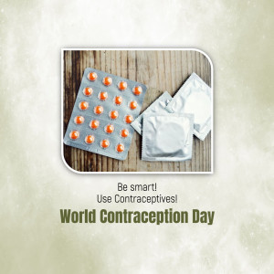 Contraceptive pills and condoms on a wooden surface with World Contraception Day text.