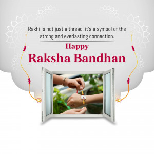 Raksha Bandhan greeting with a window scene showing a rakhi being tied on a wrist.
