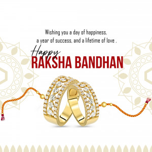 Raksha Bandhan greeting with gold bracelets and a red and gold Rakhi thread.