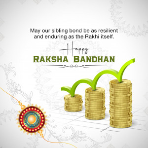 Raksha Bandhan greeting with stacked coins and a Rakhi thread