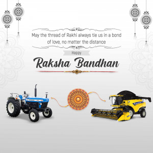 Raksha Bandhan greeting featuring farm tractors and a combine harvester connected by a Rakhi thread.