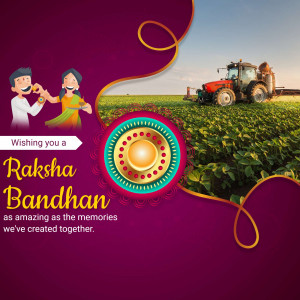 Raksha Bandhan greeting with a farming background and family illustration.