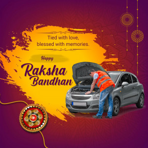 Raksha Bandhan greeting featuring a mechanic working on a car.