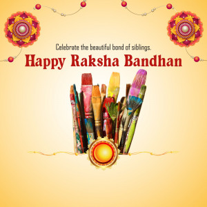 Raksha Bandhan greeting with paintbrushes and traditional decorations