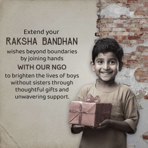 A young boy holding a gift with text promoting Raksha Bandhan charity