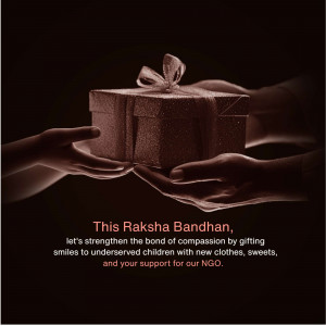 Hands exchanging a gift with a ribbon, Raksha Bandhan message