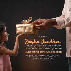 A child reaching for a gift box with text promoting donations for Raksha Bandhan.