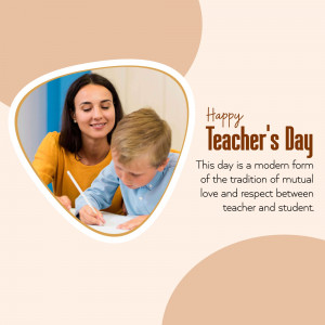 A teacher assisting a young student with their work, with a 'Happy Teacher's Day' message.