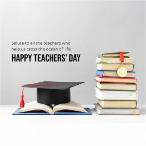 A stack of books with a graduation cap and a message wishing Happy Teachers Day.